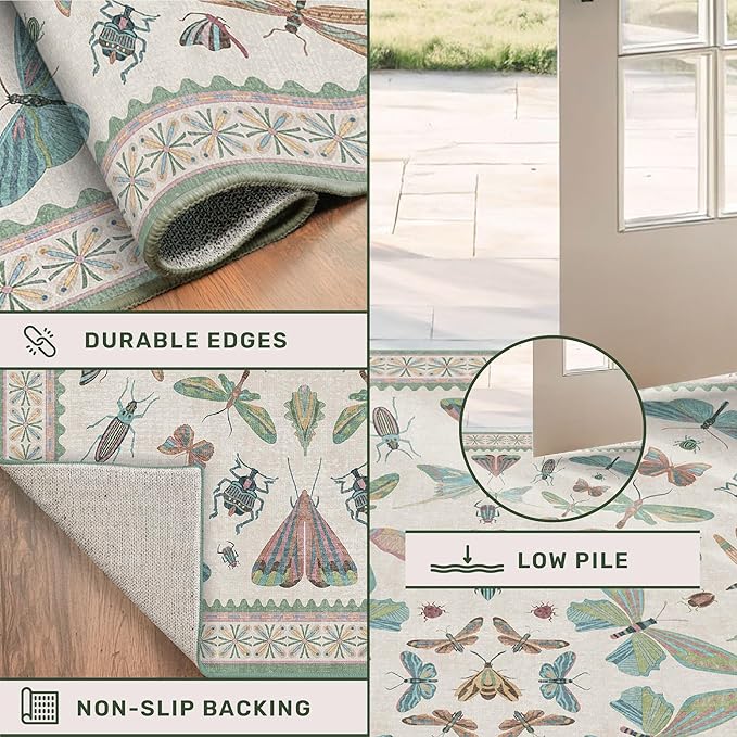 Hazo Haus Washable Non Slip Bathroom Runner Rug 2x5, Insect Boho Bath Mat, Stain Resistant Low Pile Butterfly Insect Print Rugs for Laundry Room, Powder Room, Beige Green
