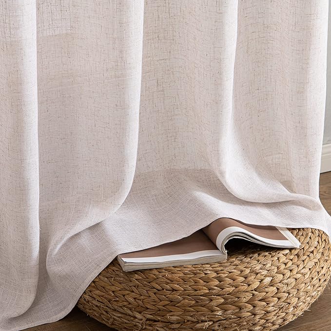 MIULEE Natural White Linen Curtains 54 Inch Length 2 Panels for Bedroom Living Room, Soft Thick Linen Textured Short Window Drapes Semi Sheer Light Filtering Back Tab Rod Pocket Burlap Look Decor