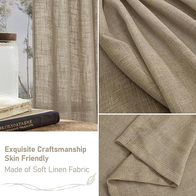 LAMIT Semi Sheer Linen Curtains 36 Inch Length for Cafe, Light Filtering Panels Back Tab and Rod Pocket Neutral Drapes for Bathroom/Kitchen/Loft Room, 25 x 36 Inch, 2 Panels