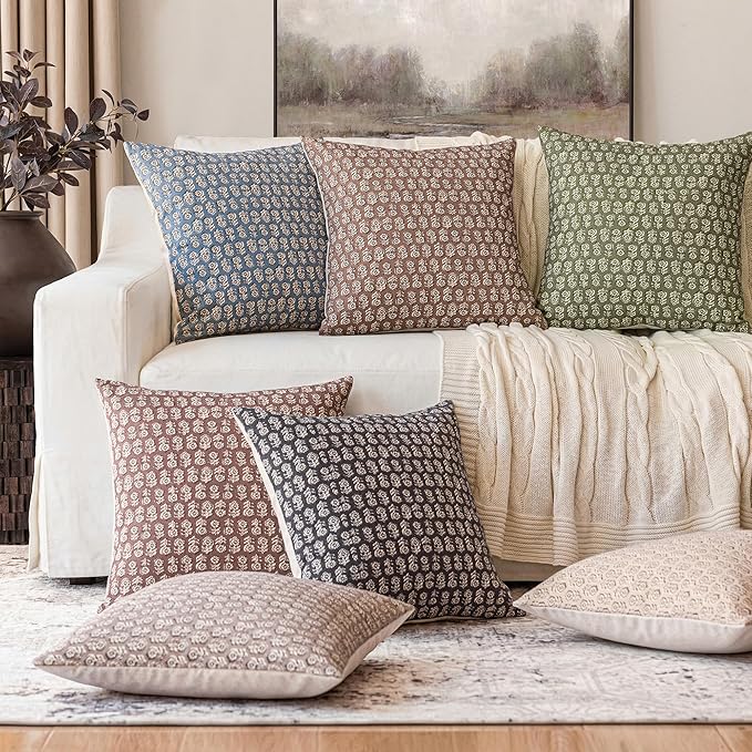Foindtower Set of 2 Decorative Vintage Floral Print Throw Pillow Covers Neutral Modern Farmhouse Cushion Covers Boho Home Decor for Sofa Couch Chair Bedroom Living Room,24×24 Inch,Wine Red