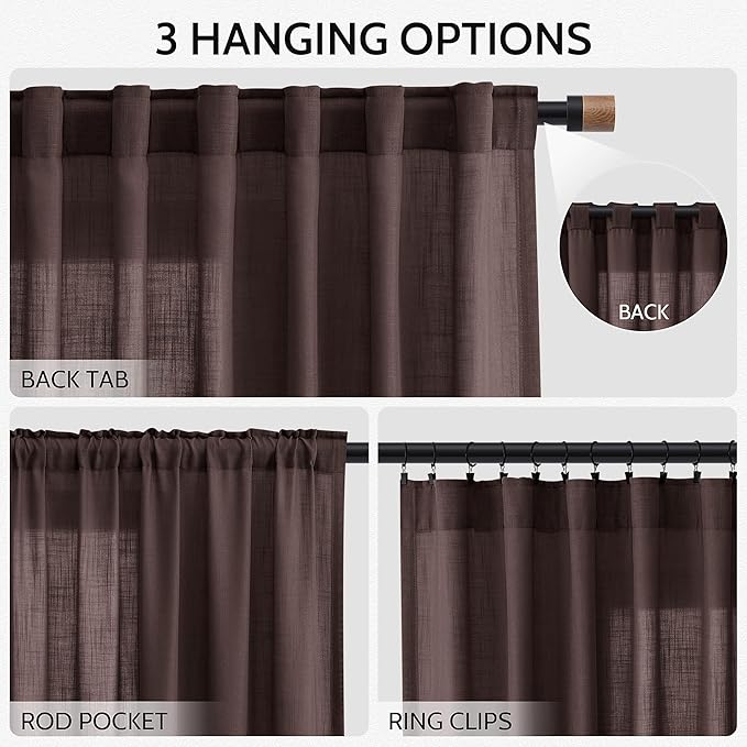 Coffee Brown Linen Curtains for Living Room 126 Inches Long Light Filtering Semi Sheer Curtain Back Tab Modern Rustic Home Decor Neutral Drapes Floor to Ceiling High Window for Bedroom 52x126,2 Panels