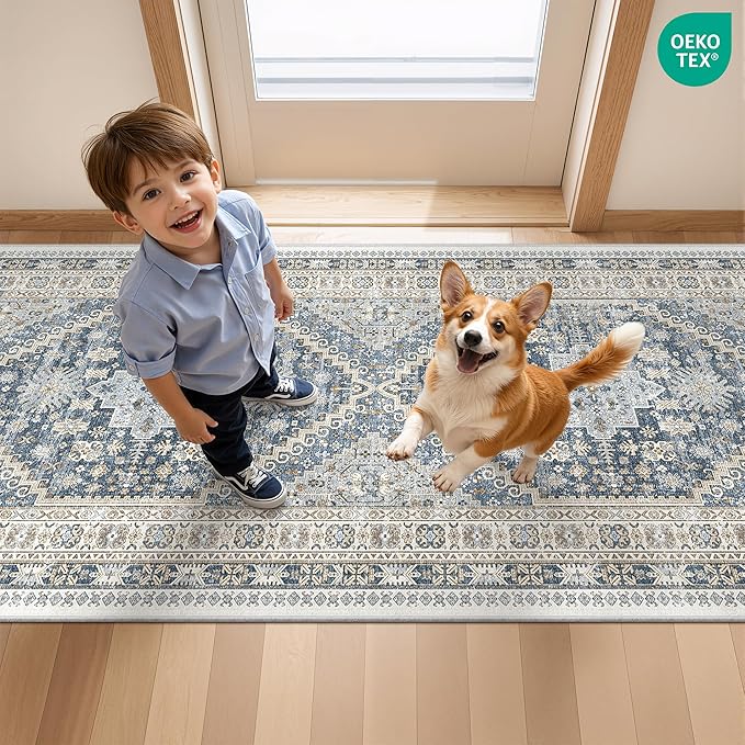 Kitchen Runner Rug Non Slip Washable 2.5x10, Soft Ultra-Thin Entryway Rug Runners for Hallways, Carpet Runner for Living Room,Kitchen, Laundry, Bathroom(Blue/Beige,2.5'x10')