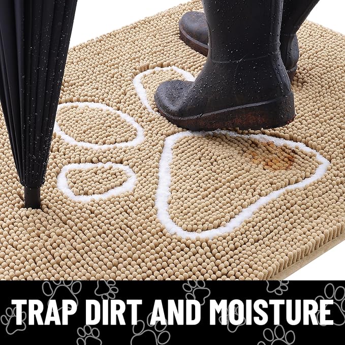 Smiry Dog Door Mat for Muddy Paws, Absorbent Dirt Trapper Non Slip Quick Dry Washable Chenille Mat for Mud Dogs, Entry Rug for Indoor and Outdoor (70x24 Inches, Beige and White)