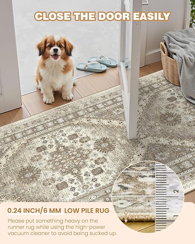 Carpet Runners for Hallway 12ft, Non-Slip Long Bathroom Rugs Runner for Kitchen, Living Room, Bedroom, Soft Vintage Washable Rug for Entryway, Thin Floor Mat for Dining Room(Brown,2.5'x12')
