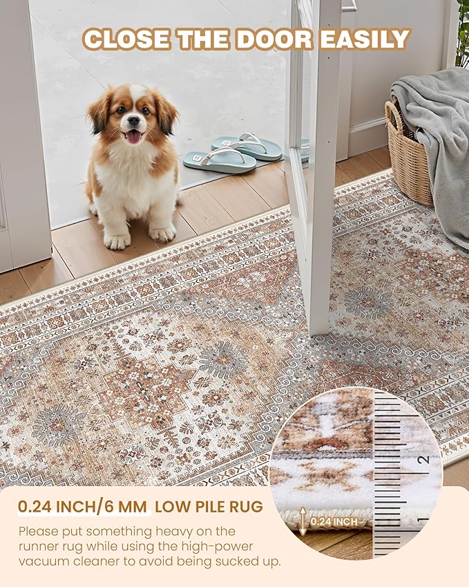 2x5 Rug Runner Washable for Entryway, Soft Bathroom Rugs with Non-Slip Backing,Vintage Low Pile Stair Runner, Small Kitchen Carpet for Hallways, Laundry Room(Orange,2'x5')