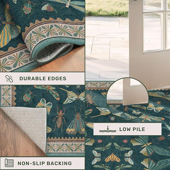 Hazo Haus 9x12 Large Living Room Rug - Dark Teal Multi Dining Room Rugs for Under Table, Bedroom, Kids Room, Classroom, Insect Butterfly Floral Décor, Lightweight Non Slip Low Pile