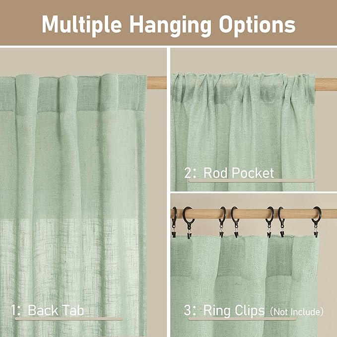 LAMIT Fresh Green Linen Boho Curtains 68 inch Length 2 Panels, Light Filtering Semi Sheer Panels Back Tab and Rod Pocket Neutral Drapes for Bedroom/Living Room, 52 x 68 Inch