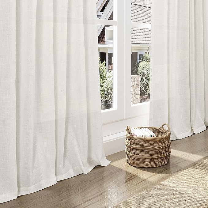 Cream Linen Curtains 109 Inches Long for Living Room Extra Long Back Tab Curtains Neutral Farmhouse Light Filtering Semi Sheer Linen Drapes Ceiling to Floor for Large Window 2 Panels Set 52x109