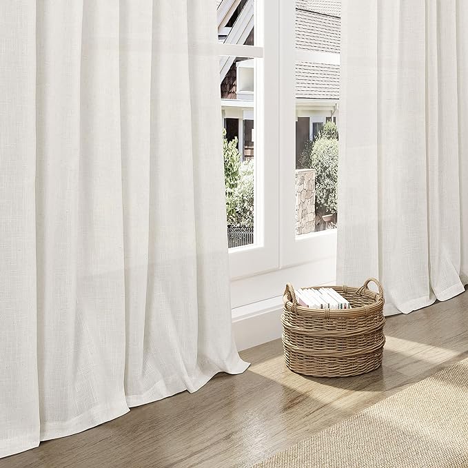 Nanspring Extra Long Curtains 2 Panels 128 Inches Long for Dinning Room Cream Back Tab Rod Pocket Light Filtering Semi Sheer Drapes Cotton Linen Textured Window Curtain for Bedroom 52x128