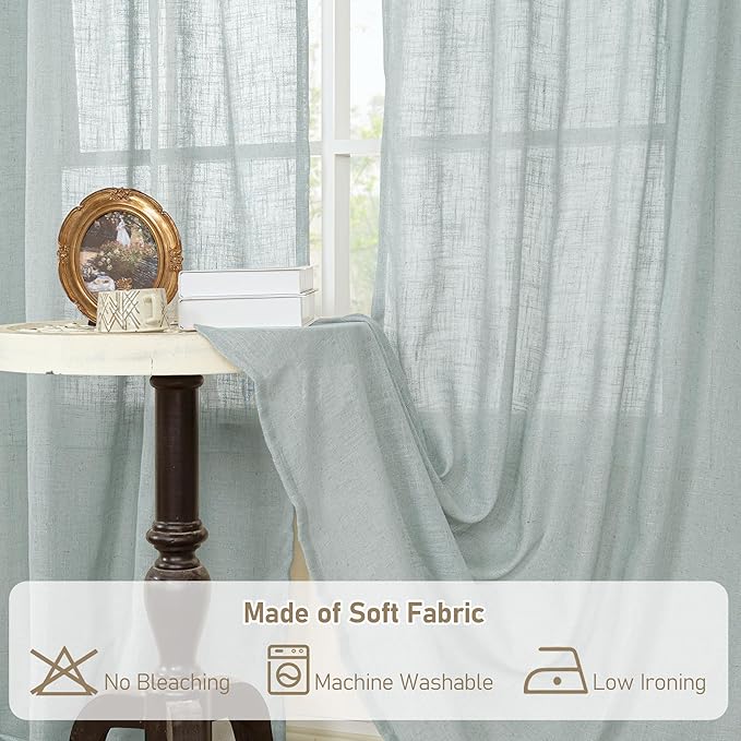 LAMIT Extra Wide Linen Curtains for Living Room, Light Filtering Faux Linen Textured Panels Semi Sheer Back Tab and Rod Pocket Boho Drapes for Farmhouse, 2 Panels, Greyish Blue, 60 x 63 Inch