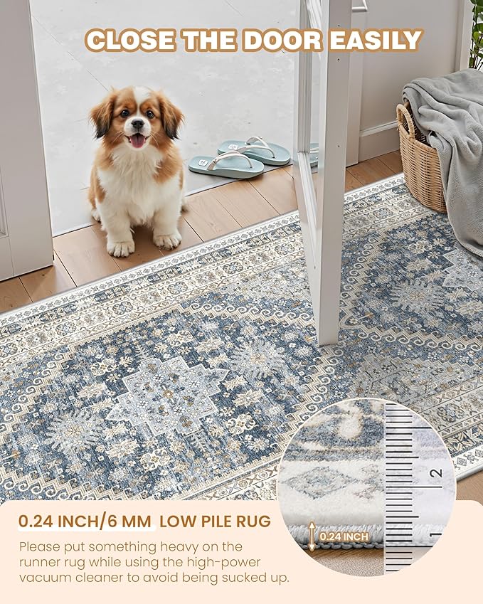 Runner Rug 2x6, Ultra-Thin Entryway Rug Non Slip Washable Rugs for Laundry Room, Runners for Hallways, Vintage Soft Rugs for Living Room, Kitchen, Bedroom(Blue/Beige,2'x6')