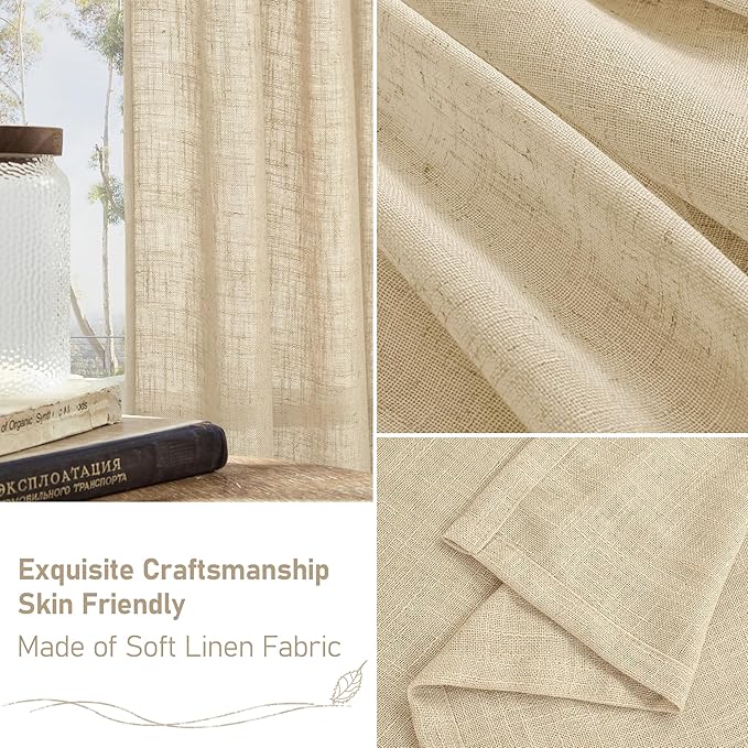 LAMIT Semi Sheer Linen Curtains 36 Inch Length 2 Panels, Light Filtering Panels Back Tab and Rod Pocket Neutral Drapes for Cafe/Kitchen/Loft Room, Linen, 25 x 36 Inch