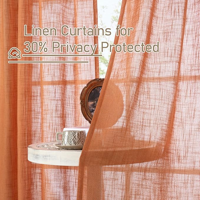 LAMIT Burnt Orange Linen Curtains 30 Inch Length for Cafe, Semi Sheer Light Filtering Panels Back Tab and Rod Pocket Small Window Drapes for Basement, 2 Panels, 34 x 30 Inch