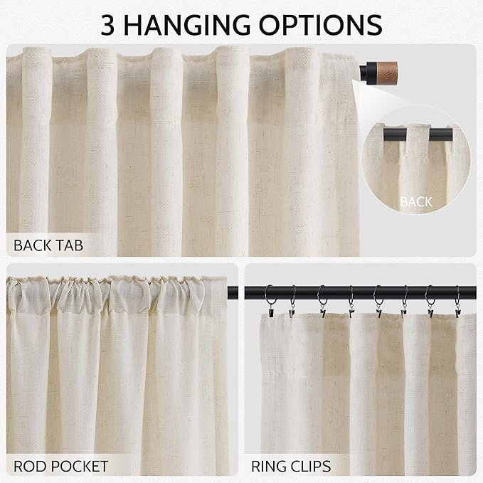 Nanspring 108 Inch Long Curtains for Living Room Birch Beige Linen Modern Farmhouse Decor Light Filtering Semi Sheer Curtain Back Tab Luxury Floor to Ceiling High Window for Bedroom 52x108, 2 Panels
