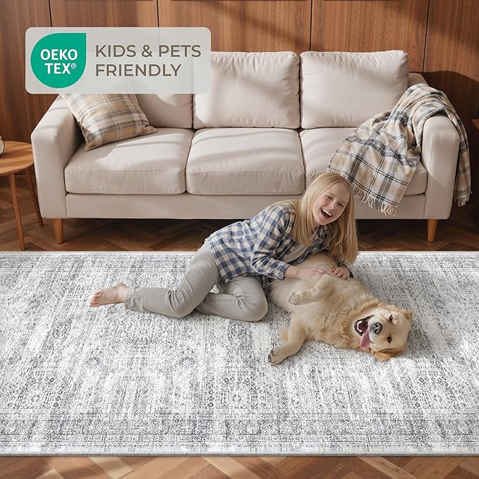 2x4 Washable Rug Runner for Bathroom, Soft Entryway Rug for Laundry Room, Kitchen, Vintage Abstract Hallway Runner for Bedroom, Anti-Slip Door Mat Indoor Entrance(2'x4', Grey/Ivory)