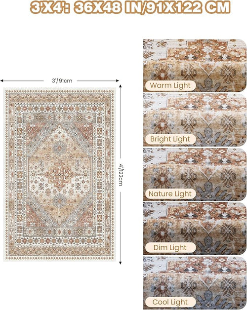 3x4 Washable Area Rug for Entryway, Soft Kitchen Rugs Non Slip for Dining Room, Vintage Living Room Rug, Thin Area Rugs Indoor for Bedroom, Kids Room Decor(Orange,3'x4')