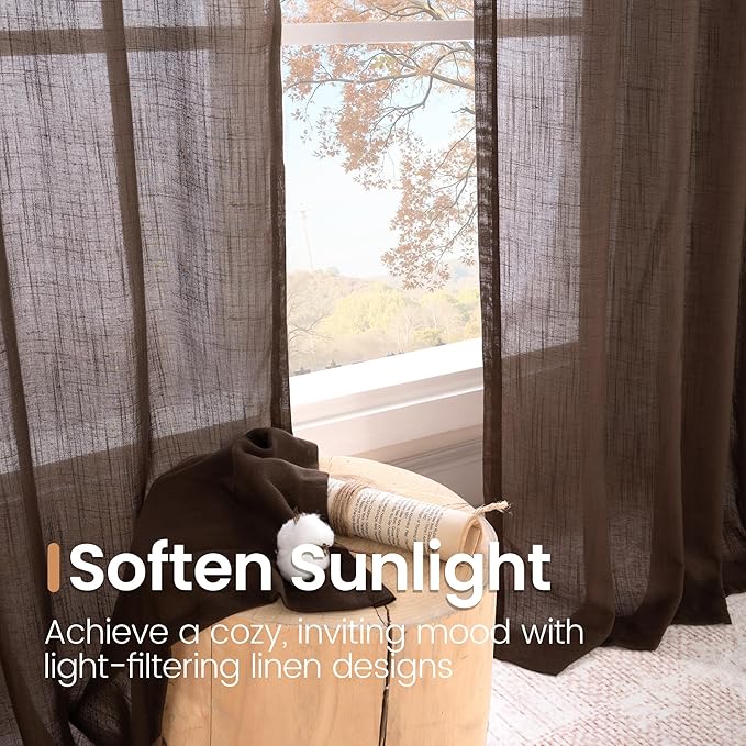 BGment Brown Linen Curtains 84 Inch Length 2 Panels for Living Room Windows, Chocolate Semi Sheer Drapes Textured with Rod Pocket for Farmhouse Bedroom Dining Decor Lightweight, Each 52 Inch Wide