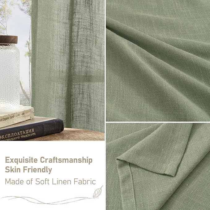 LAMIT Sage Green Linen Curtains 24 Inch Length, Semi Sheer Light Filtering Window Panels Back Tab and Rod Pocket Drapes for Basement/Small Windows, 25 x 24 Inch, 2 Panels