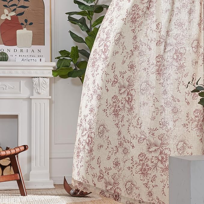 jinchan Linen Blend Curtain Floral Curtains for Living Room 54 Inch Length Farmhouse Brick Red Printed Curtain Rod Pocket Back Tab Peony Flower Patterned Drapes Curtains Set 2 Panels