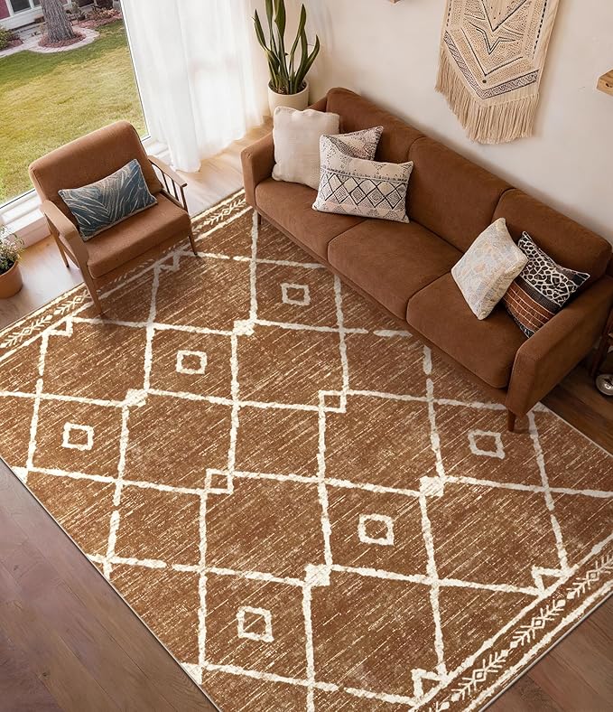 YIHOUSE Western Rugs for Living Room, 8x10 Moroccan Area Rug, Aztec Burnt Orange Large Rug, Southwestern Soft Low-Pile Washable Rugs for Bedroom, Dining Room