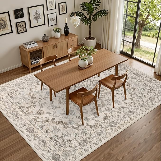 6x9 Area Rugs Living Room Rug: Washable Vintage Distressed Floral Rug No Slip Stain Resistant Soft Carpet Indoor Floor Large Carpets for Bedroom Dining Room Farmhouse Nursery Home Office Brown Beige