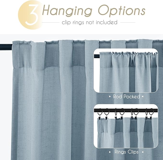 Dusty Blue Linen Curtains 84 inch Long for Living Room Back Tab Light Filtering Semi Sheer Light Blue Bedroom Curtains Linen Cotton Textured Grey Blue Drapery Panel Airy Modern Aesthetic Decor