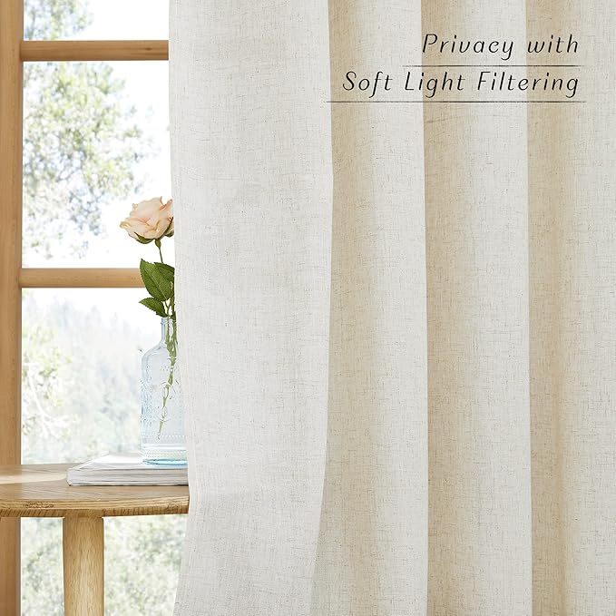 NICETOWN Natural Linen Kitchen Window Curtains Over Sink, Grommet Thick Linen Burlap Short Window Treatments Privacy Assured with Light Filtering for Bedroom/Bathroom, W34 x L36, 2 Panels