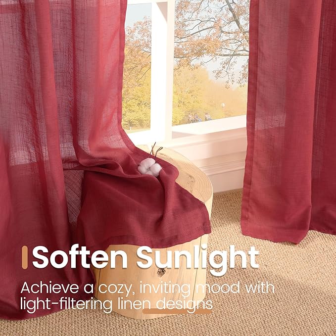 BGment Linen Burgundy Curtains 54 Inch Length for Short Window, Semi Sheer Drapes Lightweight Rustic Textured for Living Room Bedroom with Rod Pocket, 2 Panels Set, Each 42 Inch Wide