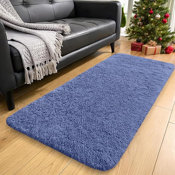 OLANLY 2x5 Machine Washable Runner Rugs for Hallway, Soft Fluffy Shaggy Bedside Rugs for Bedroom, Living Room, Indoor Floor Carpet for Kids Girls and Boys, Home Decor Aesthetic, Denim Blue