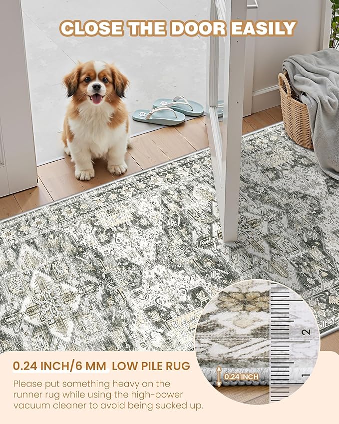 Runner Rug 2x10, Ultra-Thin Kitchen Rugs Non Slip Washable Rugs for Entryway Rug, Kitchen Runner Low Pile Vintage Soft Carpets for Living Room, Bathroom Bedroom (Grey/Beige,2'x10')