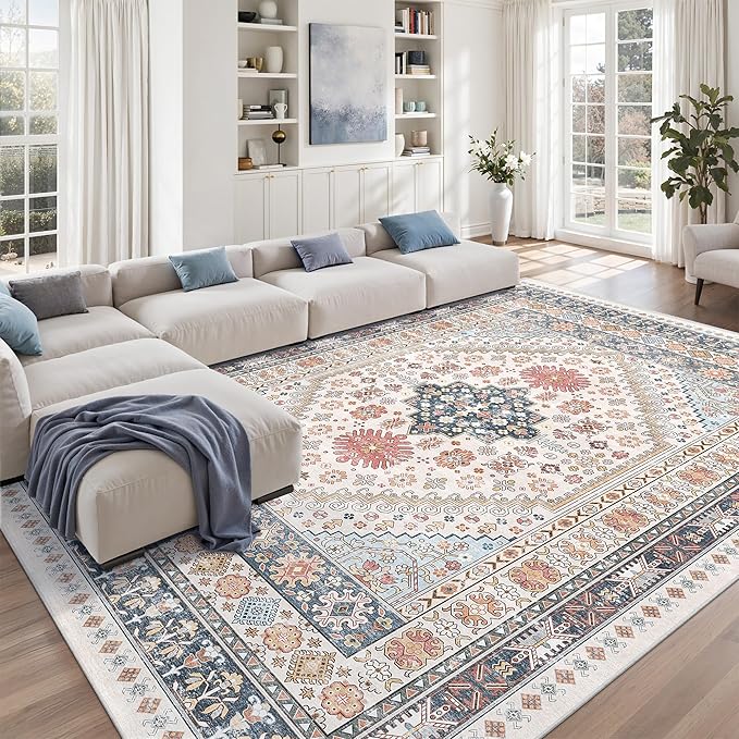 zesthome 8x12 Area Rugs for Living Room,Non-Slip Backing Washable Rugs,Vintage Large Area Rug，Stain Resistant Home Decor Rug (Multi,8'x12')