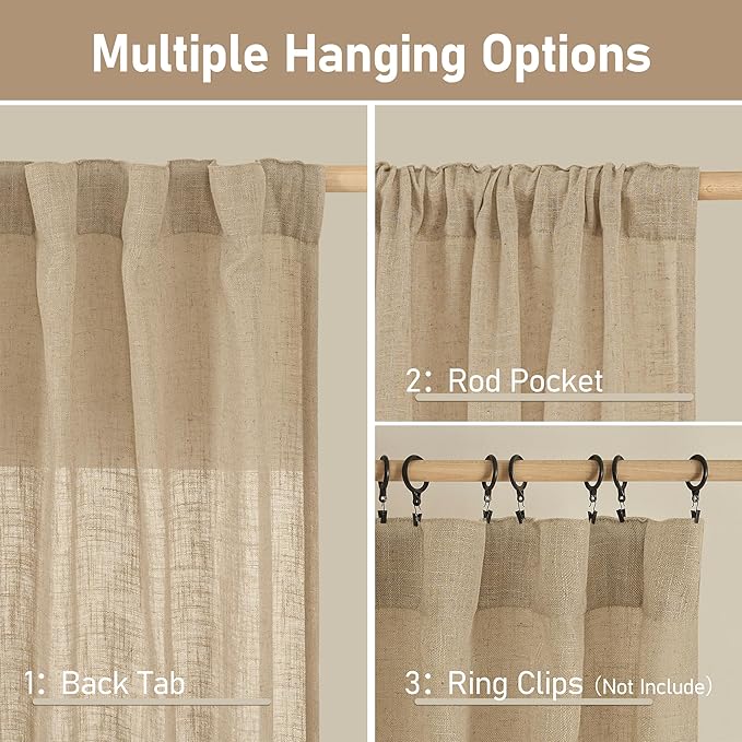 LAMIT Linen Blended Curtains for Bedroom, Faux Linen Textured Light Filtering Drapes Back Tab and Rod Pocket Boho Burlap Panels for Farmhouse/Living Room, 2 Panels, 52 x 80 Inch, Brown