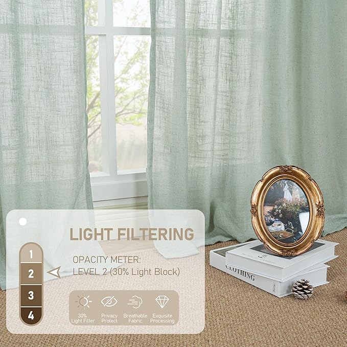 LAMIT Short Kitchen Linen Curtains 24 Inch Length for Small Windows, Semi Sheer Light Filtering Panels Back Tab and Rod Pocket Cafe Drapes for Half Window, Light Sage, 2 Panels, 34 x 24 Inch