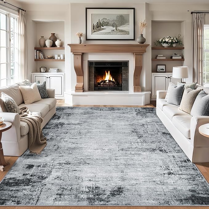 Area Rugs 10x14 Living Room - Washable Rug Modern Abstract Soft Large Neutral Non-Slip Carpet Indoor Floor Thin Carpets for Bedroom Dining Room Farmhouse Nursery Home Office Black