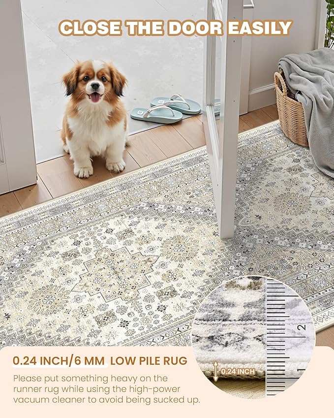 Runner Rug 2x8 Runners for Hallways Non Slip Washable, Vintage Hallway Runner Rugs for Living Room, Low Pile Soft Hallway Rug for Kitchen Bedroom Laundry Room Rug(Beige,2'x8')