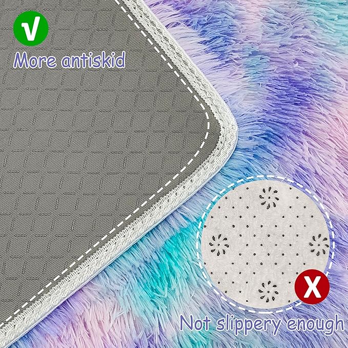 Super Soft Fluffy Living Room Area Rug 2x6 ft Purple Rainbow Tie-Dyed Shaggy Furry Carpet Washable Non-Slip Carpets Bedroom Bedside Nursery Rug Cute Colorful Room Decor for Girls