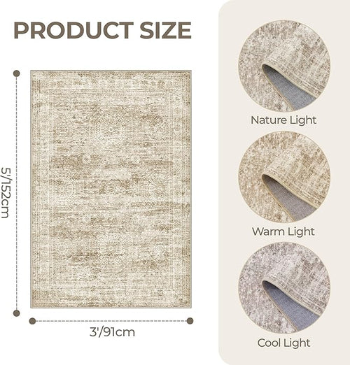 3x5 Washable Area Rug for Entryway, Soft Kitchen Rugs Non Slip for Dining Room, Vintage Abstract Living Room Rug, Thin Area Rugs Indoor for Bedroom, Kids Room Decor(3'x5', Brown/Ivory)