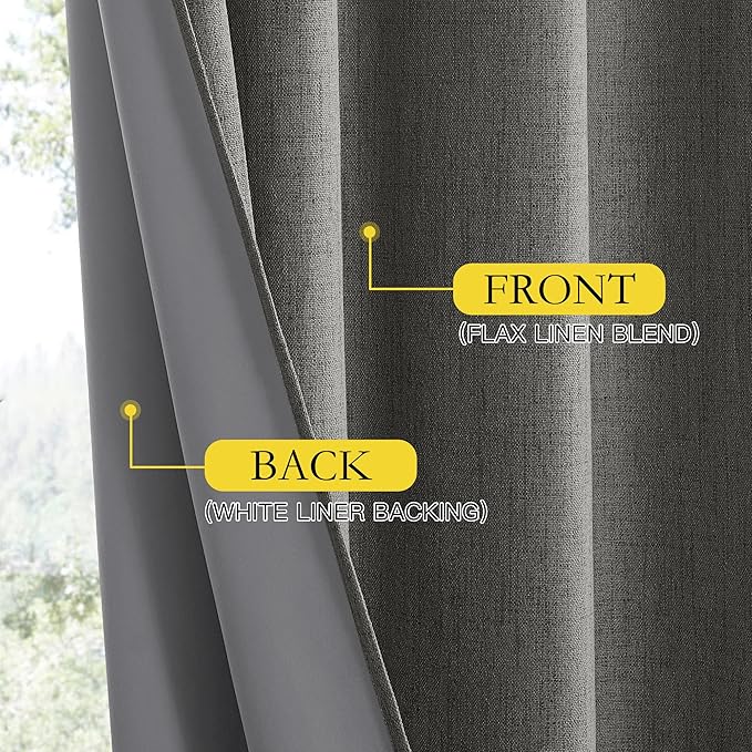 NICETOWN Grizzle Gray Vintage Linen 100% Blackout Curtains for Living Room, Thermal Insulated Curtains 63" Long, Noise Reducing Window Treatment Drapes for Hall Room, 52" Wide Per Panel, Set of 2