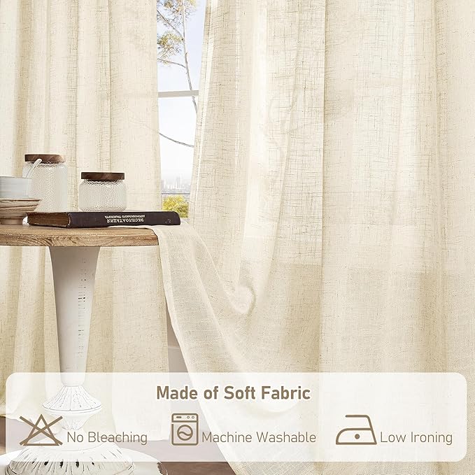 LAMIT 54 Inch Semi Sheer Window Linen Curtains, Light Filtering Panels Back Tab and Rod Pocket Neutral Drapes for Bedroom/Small Window, Beige, 2 Panels, 34 x 54 Inch