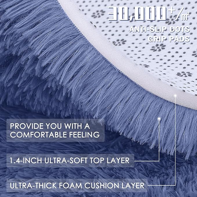OLANLY Denim Blue Round Rugs for Bedroom - Machine Washable, 5 ft Circle Area Rugs for Living Room, Soft and Fluffy Shaggy Carpet for Teen Girl and Boys, Nursery Rooms, Dorms, Home Decor Aesthetic