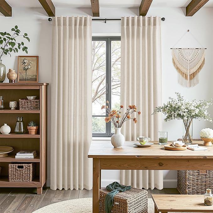 Boho Linen Curtains for Living Room 94 Inches Long Light Filtering Semi Sheer Curtain Back Tab Boho Eclectic Home Decor Elegant Luxury Farmhouse Drapes for Bedroom Dinner Room 52x94, 2 Panels