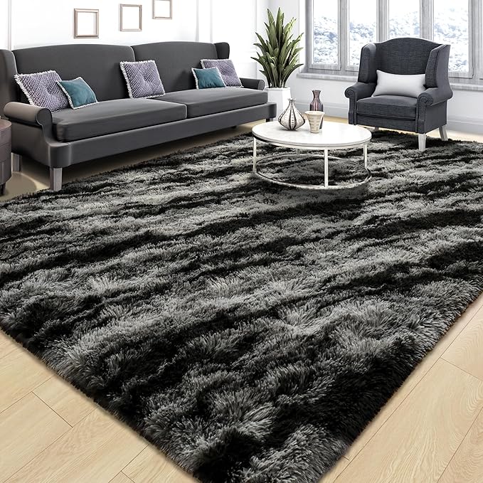 Tepook Soft Fluffy Rugs for Bedroom, 4x6 Area Rug for Living Room, Modern Shaggy Room Rug for Kids Boys Girls, Plush Throw Rugs Indoor Nursery Home Decor Rug with Non-Slip Bottom, Black Grey