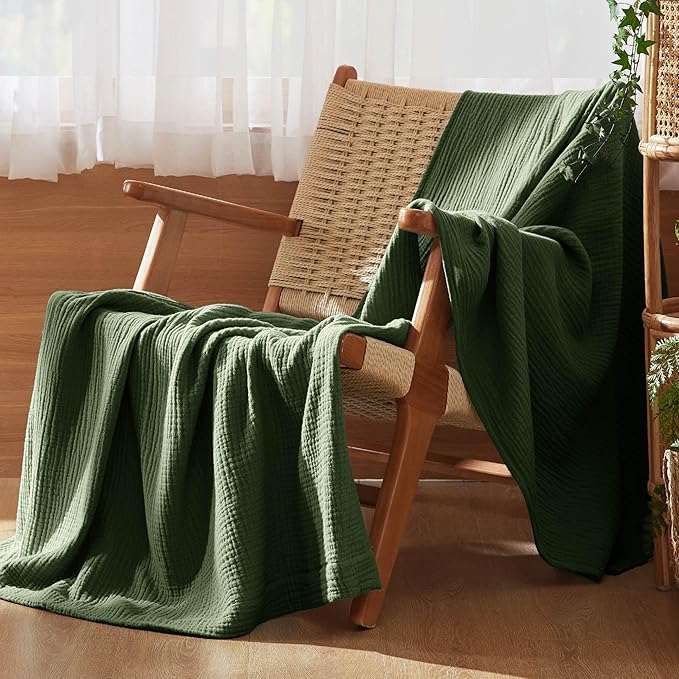 Bedsure 100% Cotton Muslin Throw Blanket Large 50x70 Inches - 4-Layer Breathable and Lightweight Thin Soft Summer Gauze Muslin Blankets for Adults, Olive Green, Boho Cotton Throw for Couch
