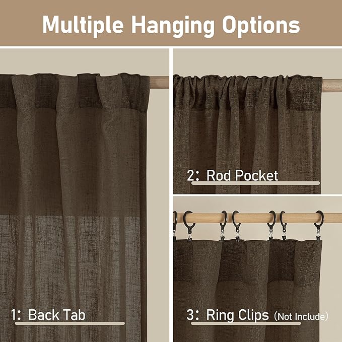 LAMIT 95 Inches Long Linen Curtains for Living Room, Back Tab and Rod Pocket Semi Sheer Curtains Light Filtering Farmhouse Drapes for Bedroom/Dining Room, Dark Brown, Set of 2, 52 x 95 Inch
