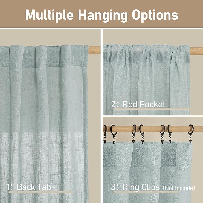 LAMIT 54 Inch Semi Sheer Window Linen Curtains, Light Filtering Panels Back Tab and Rod Pocket Neutral Drapes for Bedroom/Living Room, Greyish Blue, 2 Panels, 34 x 54 Inch