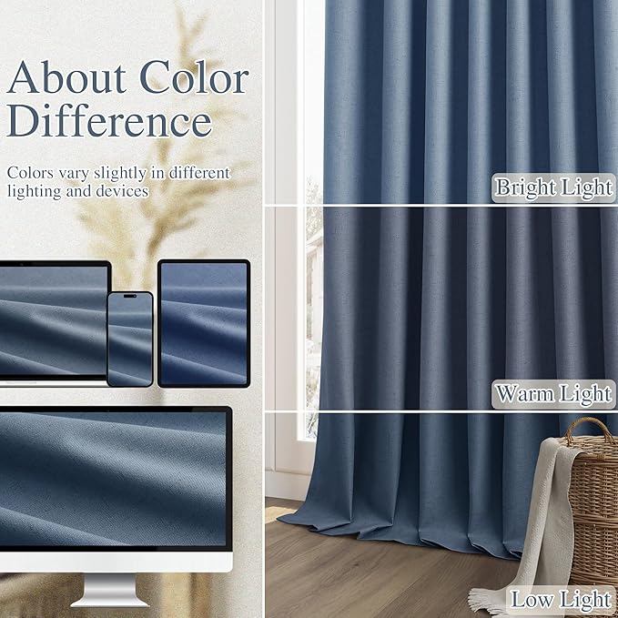 Guken 100% Blackout Curtains 102 Inch Length 2 Panels Set for Living Room Bedroom Back Tab Thermal Insulated Black Out Linen Drapes Room Darkening Window Curtains 102 Inches Long,Denim Blue