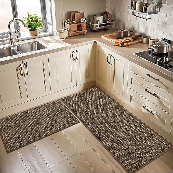 BEQHAUSE Kitchen Rugs and Mats 2PCS, Non-Slip Kitchen Mats for Floor, Absorbent and Stain Resistant Kitchen Runner, Machine Washable Rugs for Kitchen, Laundry & Sink, 20"x32"+20"x48", Brown