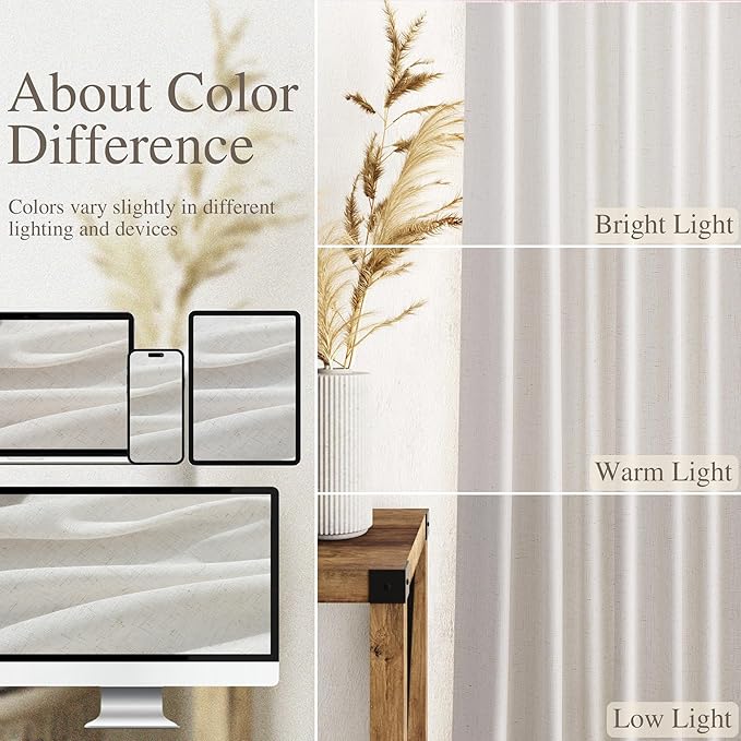 Nanspring Natural Linen Curtains for Living Room 105 Inches Long Rustic Farmhouse Decor Light Filtering Semi Sheer Curtain Back Tab and Rod Pocket Luxury Drapes for Bedroom Office 52x105, 2 Panels