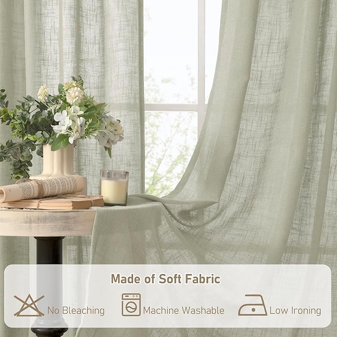 LAMIT Linen Semi Sheer Curtains 96 inches Long 2 Panels Set, Light Filtering Panels Back Tab and Rod Pocket Floor to Ceiling Curtains for Bedroom/Living Room, Sage Grey, 52 x 96 Inch