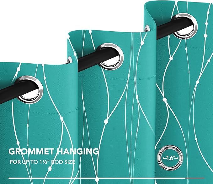 Deconovo Blackout Curtains, Thermal Insulated Soundproof Grommet Drapes, Wave Dots Silver Print, 42 x 54 Inch, Set of 2, Machine Washable Panels for Kitchen Bedroom Living Room Nursery, Turquoise